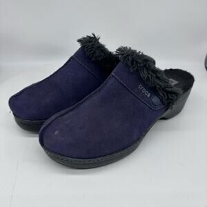 Crocs Cobbler Navy Blue Suede With Faux Fur Low Wedge Mule Clogs Womens 10